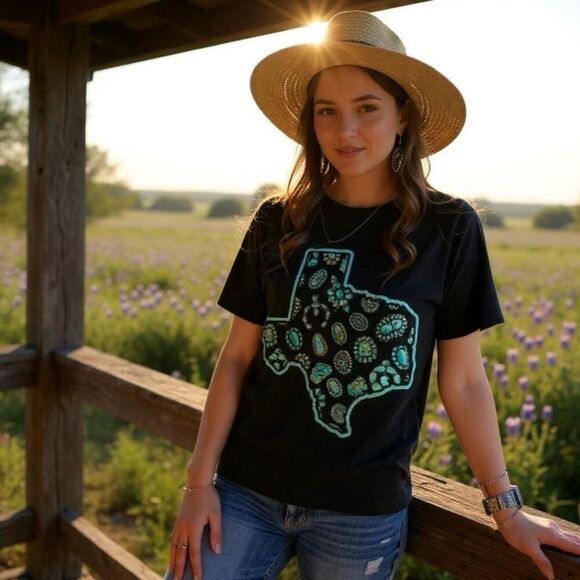 Texas In Turquoise Concho Casual Tee Womens Casual Western Top Size XL New - Picture 1 of 7